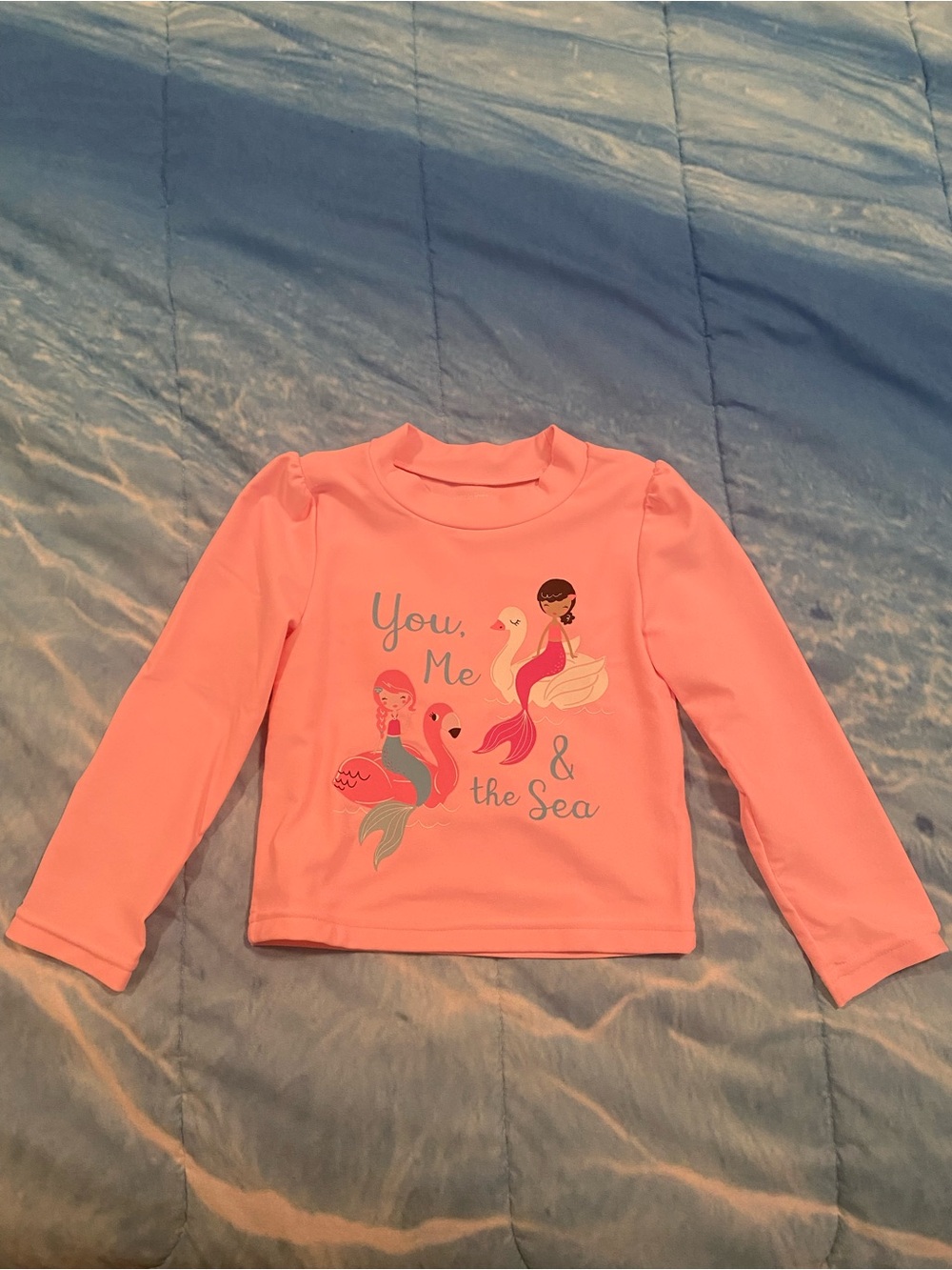 Simple Pink Long-Sleeve Kids Swim Rashguard with Mermaid Print